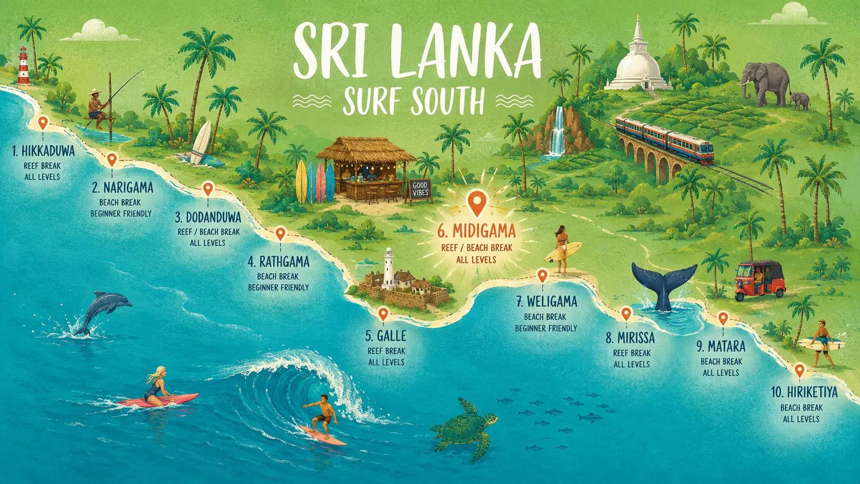 Illustrated map of surf spots along Sri Lanka's southern coast from Ahangama to Hiriketiya